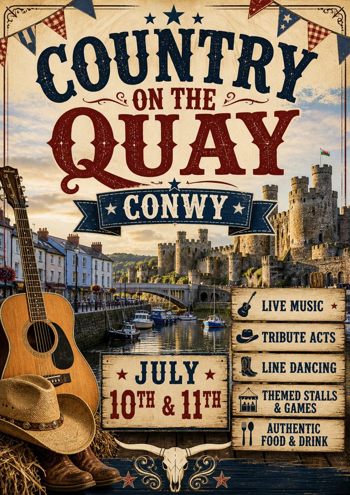 Country on the Quay Conwy — illustrated festival poster with Conwy Castle, acoustic guitar, cowboy hat and boots.